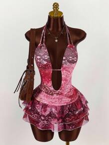 Amplova 女式夏季嬉皮风格腰果花印花挂脖迷你连衣裙 - 彩色 - 查看 3