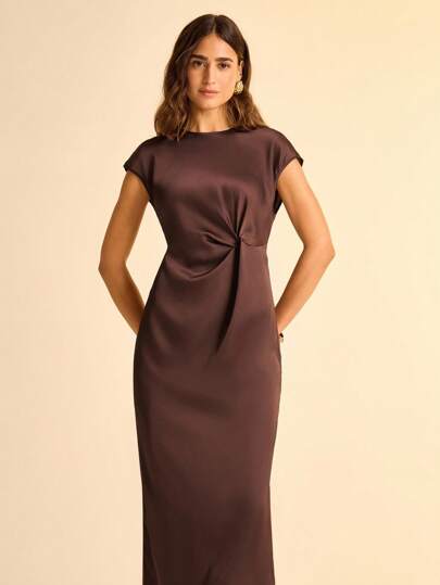 CAJUNI Women's Vacation Tropical Casual Brown Short Sleeve Belted Ruched Twist Dress