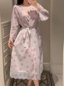 DAZY 女士心形印花薄款雪纺面料浴袍睡衣 - 粉色 - 查看 3