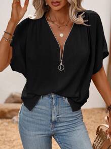 EMERY ROSE 女式夏季纯色拉链半襟蝙蝠袖短袖宽松衬衫 - 黑色 - 查看 4