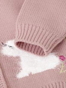SHEIN Vintaside Kids 女婴粉色针织开衫，可爱兔子提花刺绣毛衣，可爱百搭的秋冬季开衫 - 粉色 - 查看 5