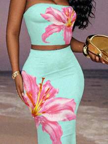 Slaydiva 2 件薄荷绿花卉印花背心和裙子套装，休闲简约，适合度假、派对和乡村，2025 年春夏