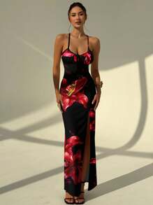 Aloruh 休闲优雅红黑渐变百合花印花女式长款连衣裙，简约时尚风格，适合夏季度假、海滩、派对 - 彩色 - 查看 8