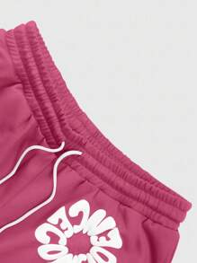 Manfinity EMRG 男士字母印花抽绳腰口袋休闲宽松短裤 - 玫紅色 - 查看 3