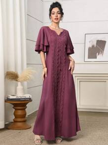 Al Najma Women's Elegant Solid Color Lace Patchwork Arabic Style Dress - Purple - View 4