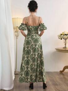 Modelyn Vestito estivo da donna con stampa all-over, stile off-shoulder, motivo arabo