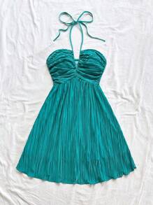 Soleia 女式孔雀蓝编织褶皱纹理喇叭形 A 字形系带前挂脖迷你连衣裙，带蝴蝶结，飘逸性感，夏季、毕业典礼、婚礼 - 水鴨藍 - 查看 3