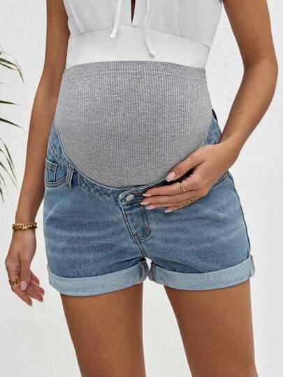 SHEIN Maternity Denim Shorts, Casual Figure Flattering Blue Shorts, Summer, Festival, Rave Country Concert Festival Nashville Ibiza, Elegant, Boho, Vacation Casual Shorts, Mother's Day Gift