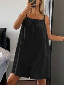 DAZY 简约纯色露背宽松阔腿短款女式连体裤家居服睡衣 - 黑色 - 查看 4