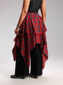 LYSMO 红黑格子松紧腰不对称下摆休闲大码女式中长裙 - 紅色 - 查看 2