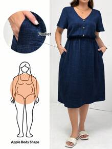 SHEIN Essnce Vestido casual de verano holgado y cómodo para mujer de talla grande, de longitud media con bolsillos, cuello en V, mangas cortas, estilo europeo de verano, adecuado como atuendo de maestra, vestido sencillo