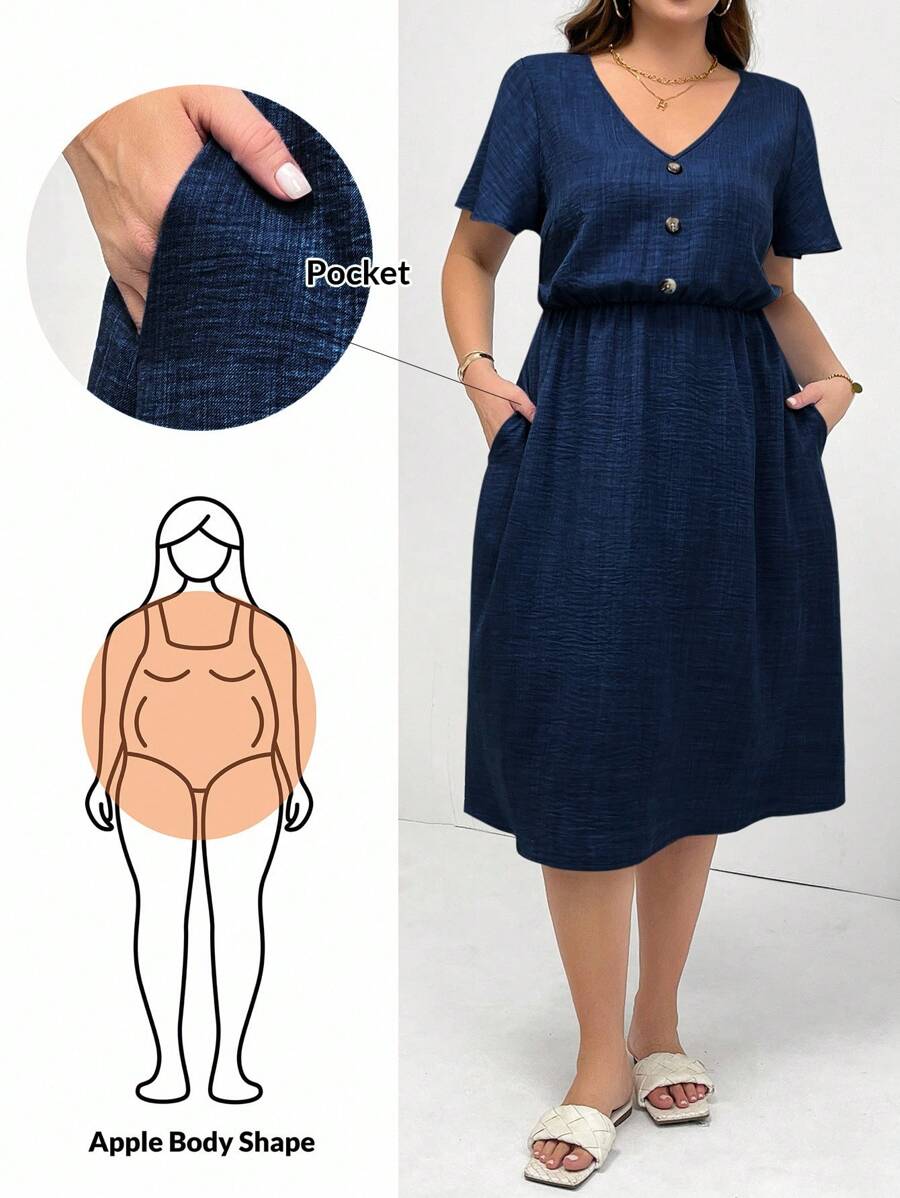 SHEIN Essnce Vestido casual de verano holgado y cómodo para mujer de talla grande, de longitud media con bolsillos, cuello en V, mangas cortas, estilo europeo de verano, adecuado como atuendo de maestra, vestido sencillo