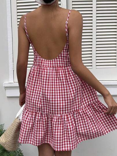 MainGRL Women's New Arrivals Summer Plaid Pinafore Dress, Sleeveless Backless Jumpsuit,Summer Dresses For Women