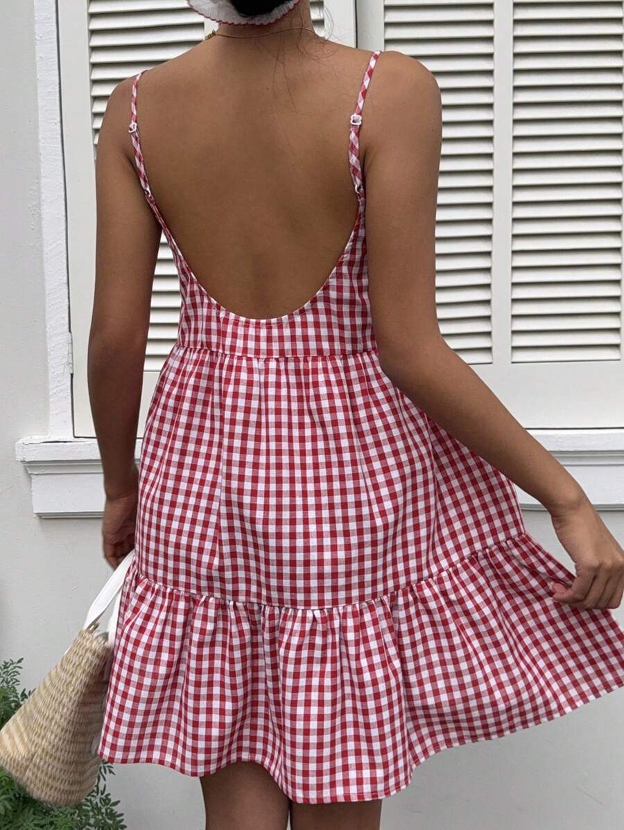 MainGRL Women's New Arrivals Summer Plaid Pinafore Dress, Sleeveless Backless Jumpsuit,Summer Dresses For Women - Red - View 1