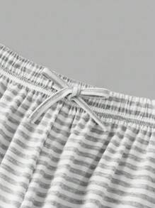 青少年女孩休闲家居服合身蕾丝花边吊带背心和阔腿条纹针织裤套装，麻灰色 - 淺灰色 - 查看 4