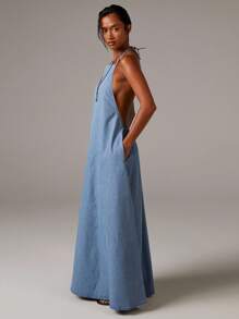 Athîral Denim Women's Chambray Denim Halterneck Backles Maxi Dress,Fall Women Clothes,Holiday,Vintage Dress,Modest Dresses For Women - Light Wash - View 5