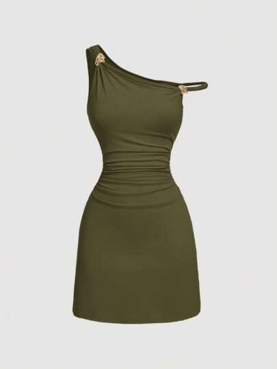 SHEIN MOD Fitted Ruched Metal Button Decoration Army Green Dress