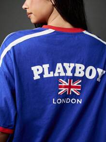 Missguided x Playboy Áo thun thể thao Varsity phong cách cổ điển in cờ Liên hiệp Vương quốc Anh Bộ sưu tập London Tay ngắn Unisex Thời trang dạo phố Thường ngày Thoải mái Áo thun mùa hè xuân - Màu xanh lam - Xem 3