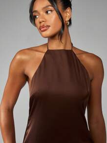 MISSGUIDED Gaun Mini Satin Leher Halter Tanpa Punggung untuk Pesta Malam, Klub, Tanpa Lengan, Musim Panas, Acara Malam, Tamu Pernikahan, Gaun Pendek Model A-Line - Coklat - View 5