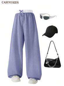 青少年（女孩）休闲、度假、优雅、学院风蓝白对比、可爱蝴蝶结装饰、棉质舒适百搭裤 - 藍白色 - 查看 3