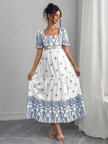 Momance Pregnant Women Square Neck Fitted Waist A-Line Short Sleeve Dress