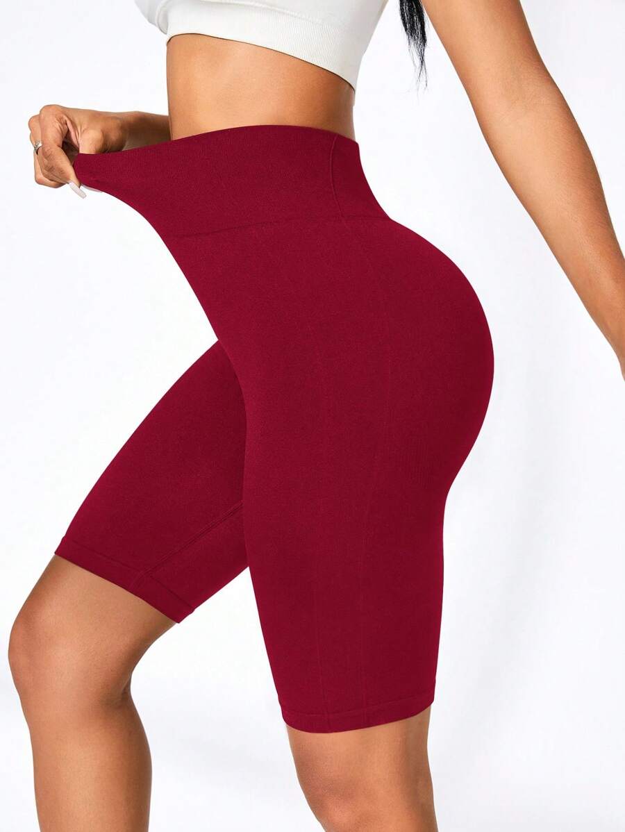 Easithlete 简约纯色高腰无缝运动短裤机车短裤女式收腹酒红色机车短裤高腰机车短裤收腹瑜伽短裤女式高腰运动短裤 - 酒紅色 - 查看 1