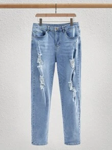 Manfinity VCAY Men's Light Blue Ripped Denim Jeans - Casual Washed Straight Leg Style Long Pants - Blue - View 2