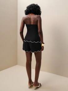 Zolique 2pcs/Set Women's Fashionable Color Block Shell Trim Bandeau Top And Shorts Set, Summer - Black - View 2