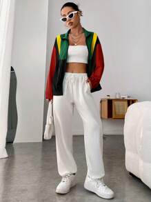 SHEIN EZwear 春季拼色落肩拉链夹克秋冬 - 彩色 - 查看 3