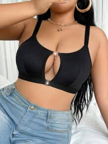 SHEIN Plus Size Women's Front Closure Bra - Basic Solid Color Comfortable Lingerie - Black - View 4