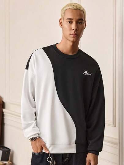 SWAVVY Men's Patchwork Embroidered Pullover Sweatshirt, Black & White, Long Sleeve, Crew Neck, Autumn/Spring, For Fall Winter