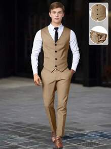 SHEIN 2pcs Teen Boy Gentleman Suit Set, Gray Slim Fit Vest + Quality Long Pants, Elegant & Formal Outfit For Birthday, Wedding, Graduation Party, Ceremony Fall Winter - Mocha Brown - View 1