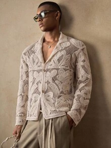 AKNOTIC Business Casual 男士针织时尚休闲宽松长袖西装外套男士钩针衬衫男士针织花衬衫男士开放式针织衬衫花卉钩针男士衬衫，秋季 - 杏色 - 查看 5