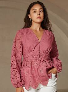 Aveloria Rosie Plus Size Women's Elegant Embroidered V-Neck Long Sleeve Fitted Shirt Fall Cloth For Women