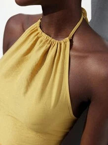 Maija Áo hai dây tua rua hở lưng màu vàng gợi cảm mùa hè cho nữ, áo cánh không tay cổ yếm ôm sát, áo hở vai - Màu vàng - Xem 5