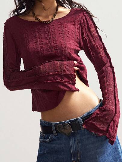 Bohemela Women's Casual Lace Patchwork Solid Color Knit Round Neck Long Sleeve Slim Fit Top, Autumn/Winter Boho Style,Fall Clothes For Women