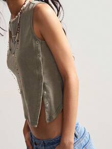 Bohemela Women's Casual Vintage Solid Color Knit Crew Neck Sleeveless Fitted Split Hem Tank Top, Boho Style For Independence Day, Autumn Snap Button Top Sleeveless Top Ribbed Top