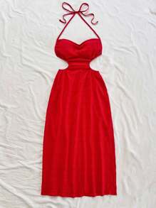 Soleia 女士红色露背挂脖系带高开衩连衣裙，适合度假、音乐节、波西米亚风、节日、下午茶 - 紅色 - 查看 3