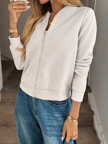 SHEIN LUNE Fashionable Casual Jacquard Knitted Khaki Jacket, Suitable For Commuting In Fall/Winter - Khaki - View 5