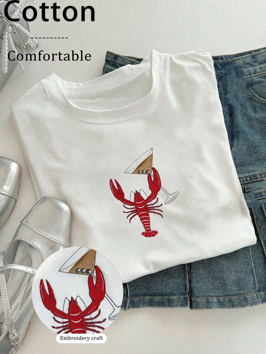 INAWLY 趣味刺绣龙虾航海夏季刺绣圆领女式刺绣图案T恤 - 白色 - 查看 1