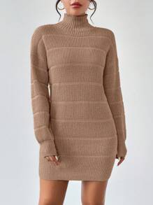 Islaluna Solid Color Turtleneck Textured Knit Long Sleeve Sweater Dress Fall Winter Cloth For Women
