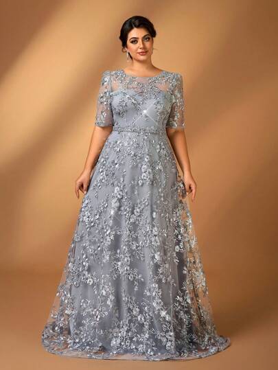 Serin 加大码优雅浪漫圆领半透明花卉刺绣手工串珠荷叶边下摆奢华妈妈装