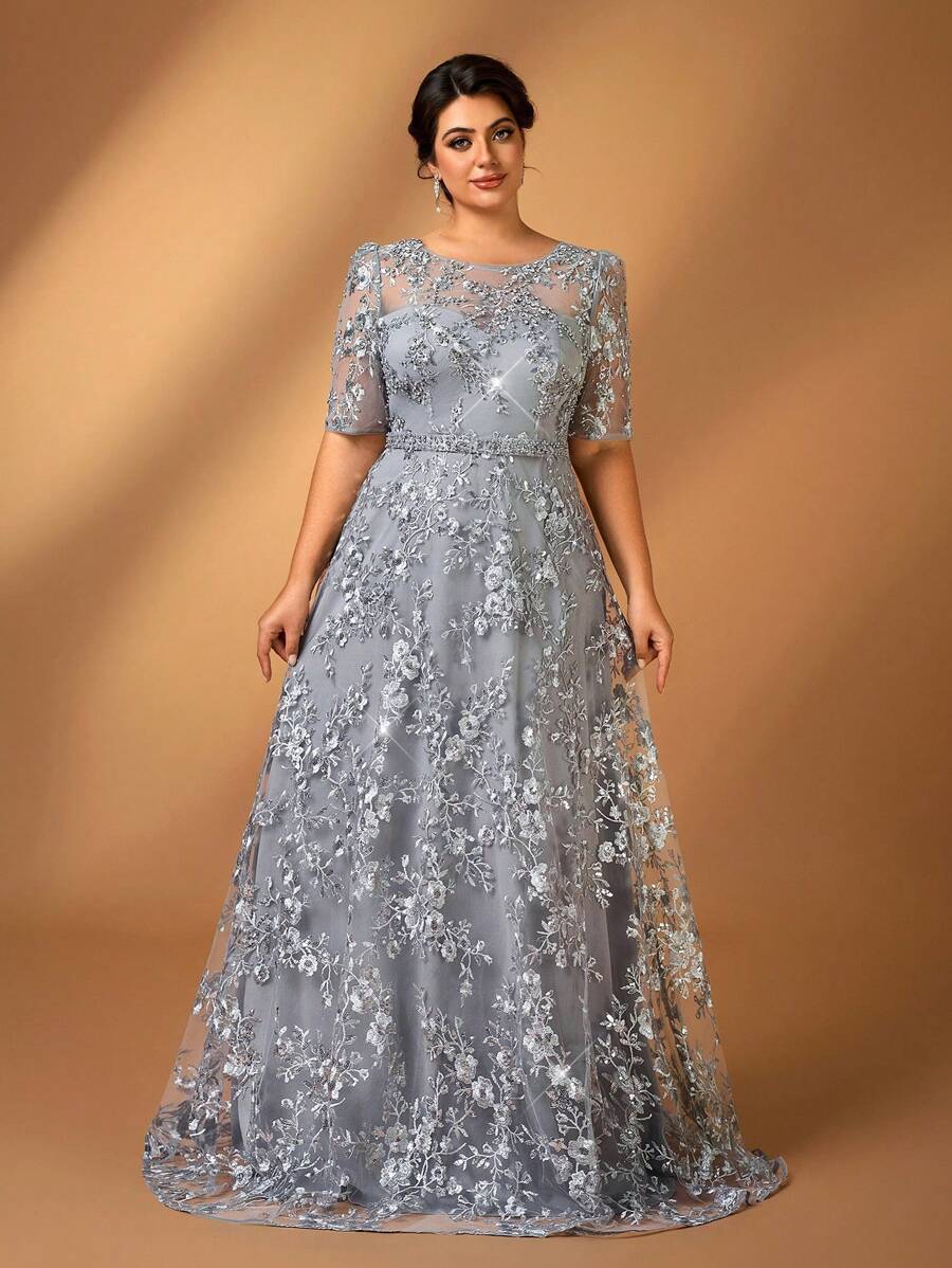 Serin Váy sang trọng cho mẹ, cổ tròn, bán trong suốt, thêu hoa thủ công, viền bèo nhún, thanh lịch, lãng mạn