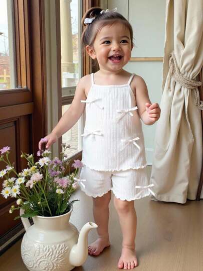 2-Piece Baby Girl Cute Versatile Jacquard Fabric Bow Camisole And Pants Set. Sleeveless Design, Breathable And Comfortable, Can Be Worn Outside, Cute And Fashionable, Sweet And Charming. The Fabric Is Soft And Comfortable, Casual Style, Suitable For Spring And Summer Outdoor, Vacation, Daily Wear, Home, Travel.