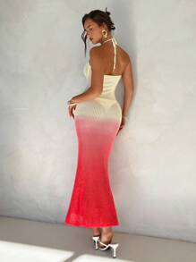 Aloruh Women's Ombre Color Fishtail Hem Fitted Maxi Halter Dress - Multicolor - View 2