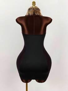 Amplova Fuzzy Yarn & Mesh Patchwork Bodycon Mini Dress Brown Fur Dress - Black - View 7