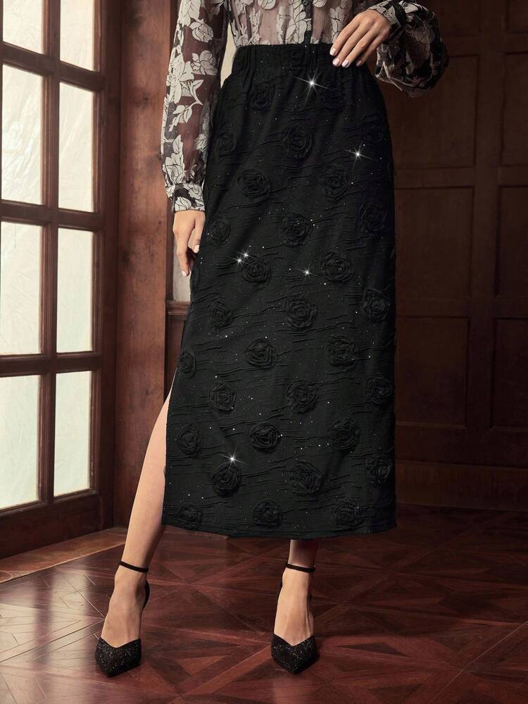 ZEYLAH 3D FLORAL PATTERN STRAIGHT ELEGANT SKIRT, EARLY AUTUMN
