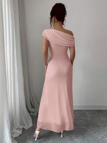 Modelyn 女士优雅法式网眼不对称肩部褶饰拼布下摆连衣裙，优雅 - 粉色 - 查看 3