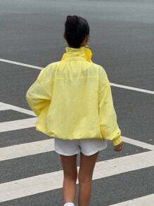 Muchica Chaqueta casual de manga larga con cremallera frontal de tejido amarillo para mujer, ropa de otoño para el aeropuerto