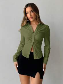 Aloruh Women's Office Commute Daily Wear Pointed Hem Ruched Bust Stand Collar Single-Breasted Front Opening Fitted Long Sleeve Blouse, Autumn/Winter - Army Green - View 7
